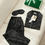 Men's Silk Long-Sleeve Pajama Set & Eye Mask Gift Set — Black