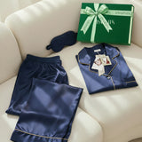Men's Silk Long-Sleeve Pajama Set & Eye Mask Gift Set — Navy Blue