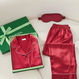 Silk Long-Sleeve Pajama Set & Eye Mask – 100% Mulberry Silk Gift Set for Women | Burgundy Red