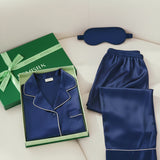 Silk Long-Sleeve Pajama Set & Eye Mask – 100% Mulberry Silk Gift Set for Women | Navy Blue