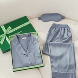 Silk Long-Sleeve Pajama Set & Eye Mask – 100% Mulberry Silk Gift Set for Women | Haze Blue