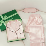 Silk Long-Sleeve Pajama Set & Eye Mask – 100% Mulberry Silk Gift Set for Women | Pale Pink