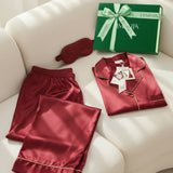 Men's Silk Long-Sleeve Pajama Set & Eye Mask Gift Set — Burgundy Red