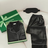 Silk Long-Sleeve Pajama Set & Eye Mask – 100% Mulberry Silk Gift Set for Women | Black