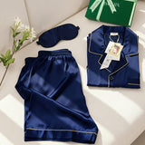 Men's Silk Short-Sleeve Pajama Set & Eye Mask Gift Set — Navy Blue