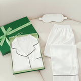 Silk Long-Sleeve Pajama Set & Eye Mask – 100% Mulberry Silk Gift Set for Women | White