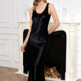 Silk Midi Nightgown with Tank Straps – Black