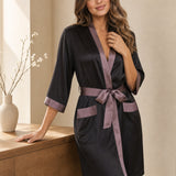 Short Silk Robe with Contrast Trim – Black
