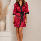 Short Silk Robe with Contrast Trim – Burgundy Red