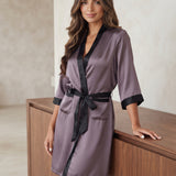 Short Silk Robe with Contrast Trim – Quartz Purple