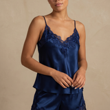 Mulberry Silk Floral Lace Camisole Set with Side Slit - Navy Blue