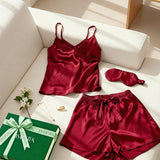 Luxury Silk Camisole Pajama Set & Eye Mask – 100% Mulberry Silk Christmas Gift for Her | Burgundy Red