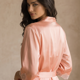 100% Silk V Neck Lace Slip Dress & Robe Set In Pale Pink