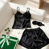 Luxury Silk Camisole Pajama Set & Eye Mask – 100% Mulberry Silk Christmas Gift for Her | Black
