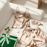 Luxury Silk Camisole Pajama Set & Eye Mask – 100% Mulberry Silk Christmas Gift for Her | Champagne
