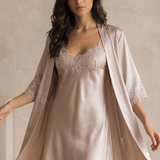 100% Silk V Neck Lace Slip Dress & Robe Set In Cream
