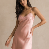 100% Silk V Neck Lace Slip Dress & Robe Set In Pale Pink