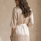 100% Silk V Neck Lace Slip Dress & Robe Set In Cream