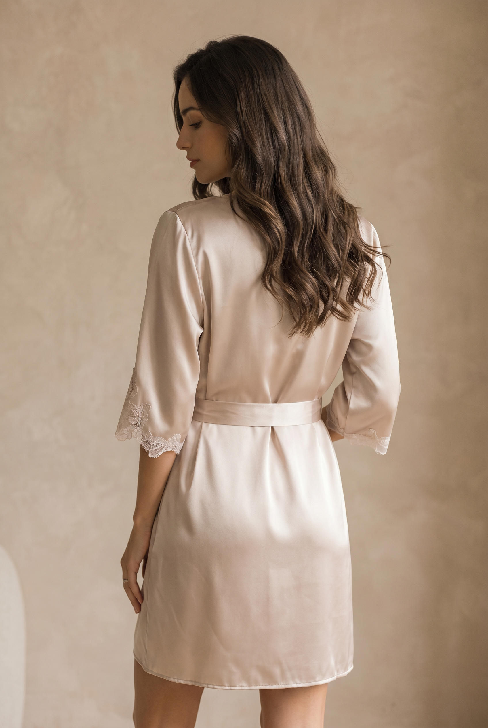 100% Silk V Neck Lace Slip Dress & Robe Set In Cream, S