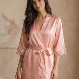 100% Silk V Neck Lace Slip Dress & Robe Set In Pale Pink