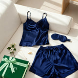 Luxury Silk Camisole Pajama Set & Eye Mask – 100% Mulberry Silk Christmas Gift for Her | Navy Blue