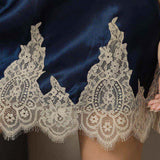 100% Mulberry Silk Lace Trim V-Neck Short Nightgown In Navy Blue