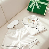 Luxury Silk Short-Sleeve Pajama Set & Eye Mask – 100% Mulberry Silk Gift for Her | White