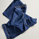 Women's Pure Silk Pajama Set - Short Sleeve Top & Long Pants In Navy Blue