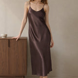 Pure Silk Spaghetti Strap Long Dress In Coffee