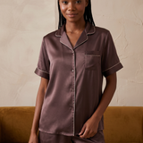 Ensemble pyjama en soie à manches courtes et short pour femme, couleur café