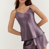 Ensemble pyjama caraco en pure soie pour femme, couleur violet quartz