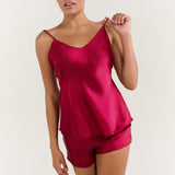 Ensemble pyjama caraco en pure soie pour femme, bordeaux rouge