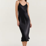 Langes Spaghettiträgerkleid aus reiner Seide in Schwarz
