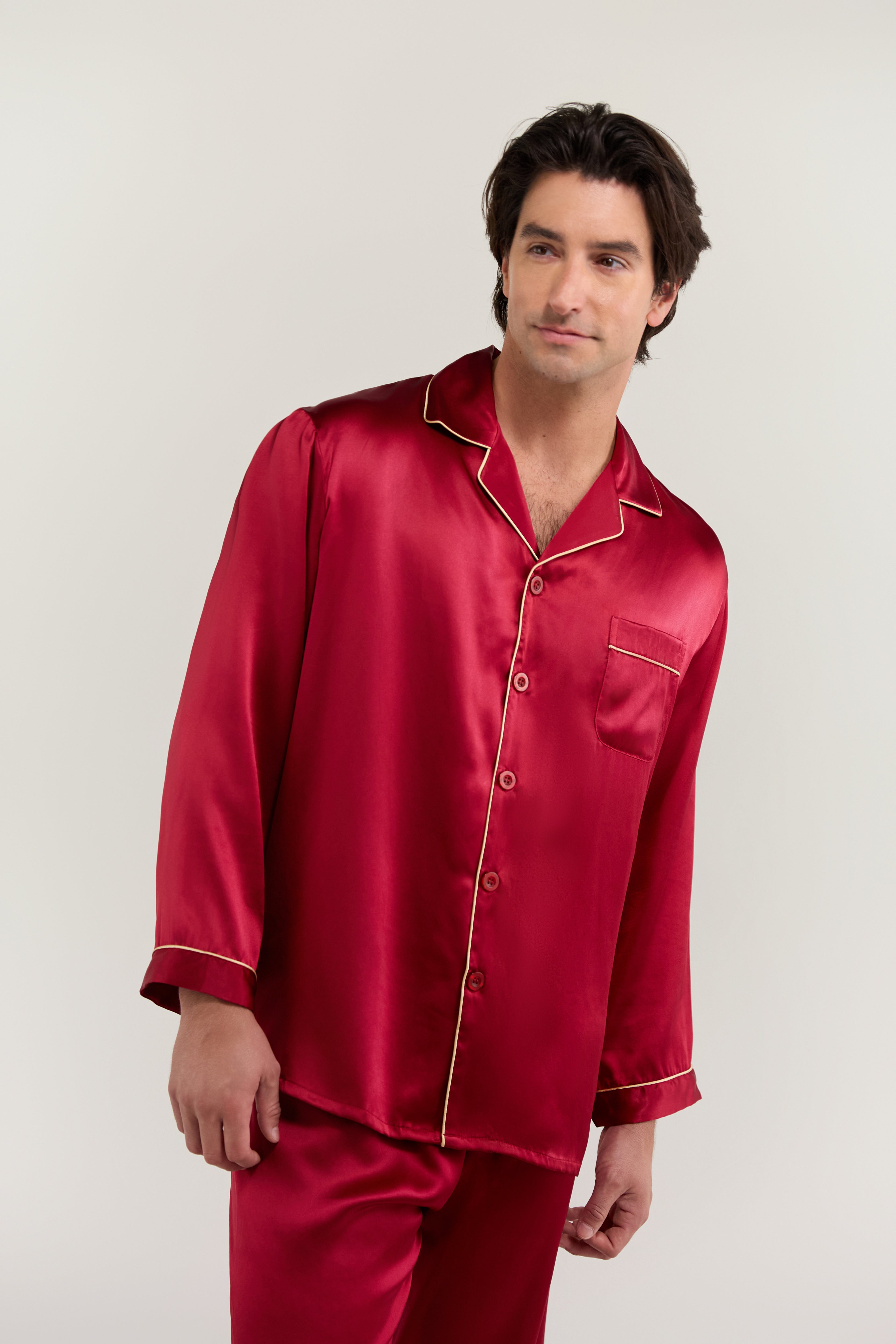 Long Sleeve Burgundy Silk Pajama Set Men's Long-Sleeve Silk