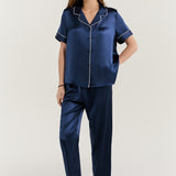 Women's Pure Silk Pajama Set - Short Sleeve Top & Long Pants In Navy Blue