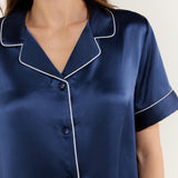 Women's Pure Silk Pajama Set - Short Sleeve Top & Long Pants In Navy Blue