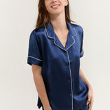 Women's Pure Silk Pajama Set - Short Sleeve Top & Long Pants In Navy Blue