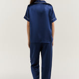 Women's Pure Silk Pajama Set - Short Sleeve Top & Long Pants In Navy Blue