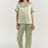 Women's Pure Silk Pajama Set - Short Sleeve Top & Long Pants In Avocado