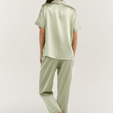 Women's Pure Silk Pajama Set - Short Sleeve Top & Long Pants In Avocado