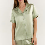 Women's Pure Silk Pajama Set - Short Sleeve Top & Long Pants In Avocado