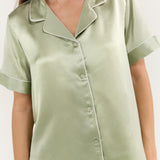 Women's Pure Silk Pajama Set - Short Sleeve Top & Long Pants In Avocado