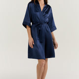 Women’s Pure Silk Mid-Length Robe In Navy Blue