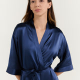 Women’s Pure Silk Mid-Length Robe In Navy Blue