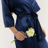 Women’s Pure Silk Mid-Length Robe In Navy Blue