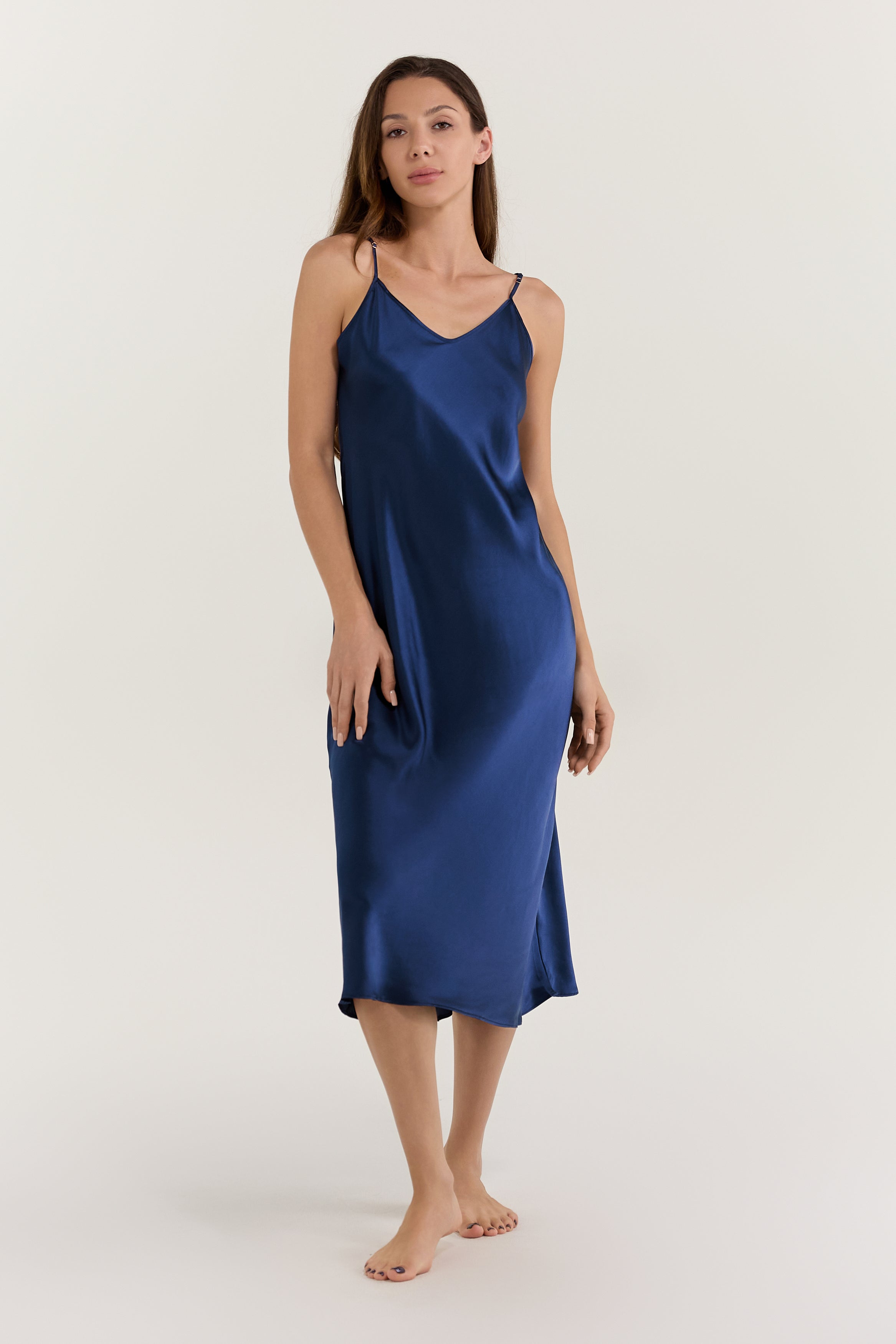 Pure Silk Spaghetti Strap Long Dress In Navy Blue – Jasmisilk