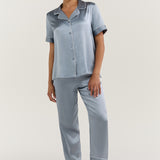 Women's Pure Silk Pajama Set - Short Sleeve Top & Long Pants In Haze Blue