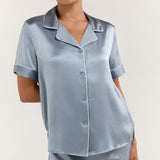 Women's Pure Silk Pajama Set - Short Sleeve Top & Long Pants In Haze Blue