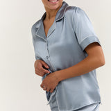 Women's Pure Silk Pajama Set - Short Sleeve Top & Long Pants In Haze Blue