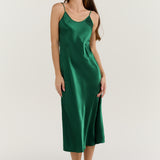 Pure Silk Spaghetti Strap Long Dress In Green